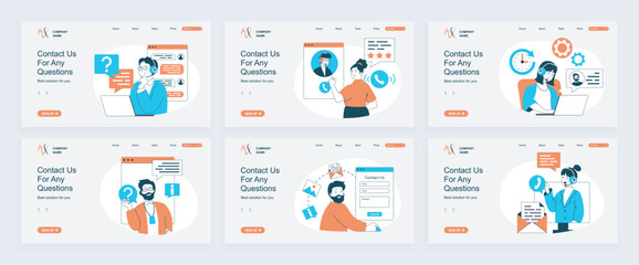 Contact us concept of landing page with slide templates set in flat design. Website headers with people answering calls, chatting with clients, give info solve customer problems. Vector illustrations.