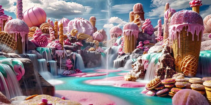 Whimsical land of frosting waterfalls and cookie crumb shores, inviting all to indulge in its sweetness, 4K Video
