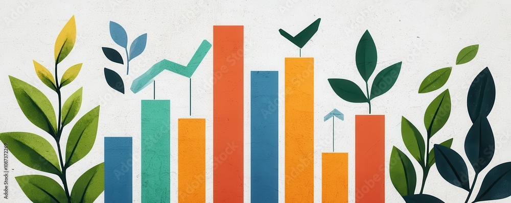 Poster a colorful bar chart with green leaves symbolizes growth and progress in data analysis and business 
