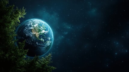 A breathtaking scene showing Earth partially obscured by a lush green forest, set against the expansive and starry night sky, exuding beauty and mystery.