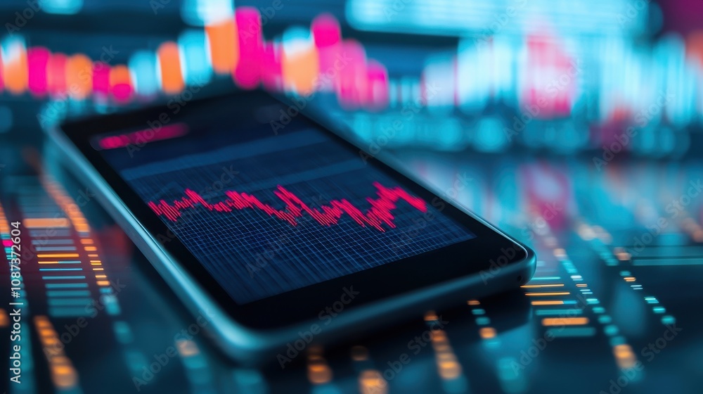 Aufkleber a smartphone displaying a fluctuating financial graph, set against a backdrop of colorful data visua