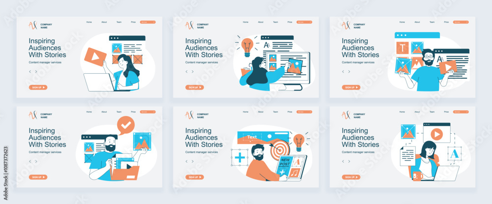Aufkleber Content manager concept of landing page with slide templates set in flat design. Website headers with people filling sites with images, writing articles, making online posts. Vector illustrations.