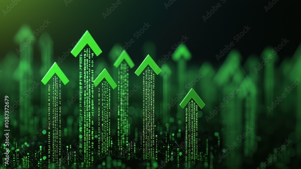 Poster a dynamic visualization of green upward arrows amidst glowing binary code, symbolizing growth and di