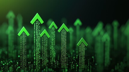 Fototapeta premium A dynamic visualization of green upward arrows amidst glowing binary code, symbolizing growth and digital progress.