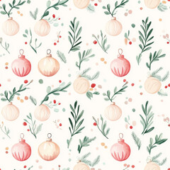 Christmas ornaments and greenery seamless pattern background