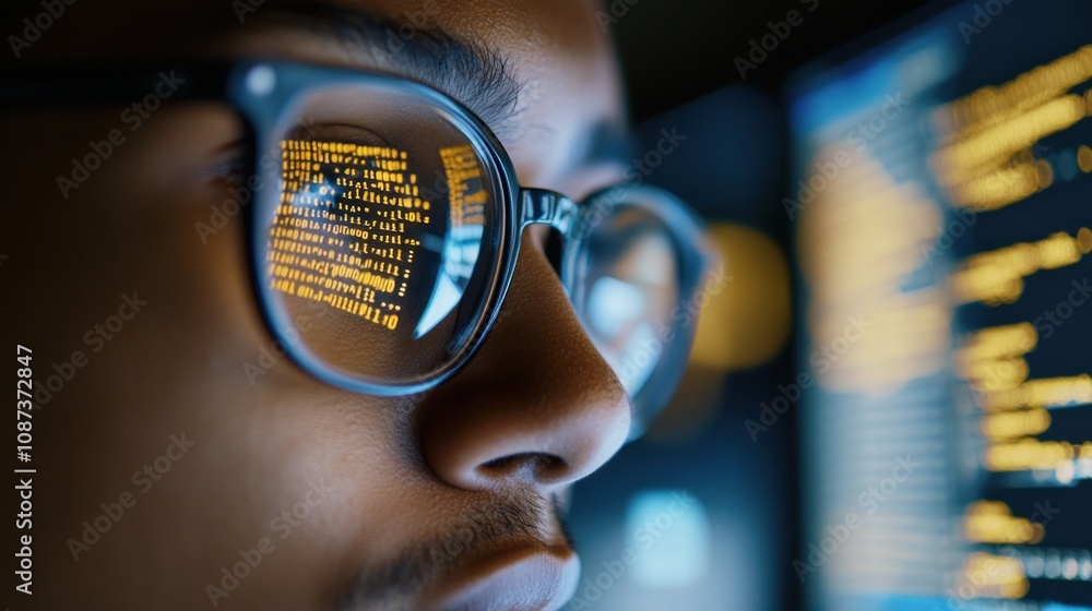 Poster close-up of a person’s face with glasses reflecting code on a computer screen.