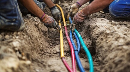 Workers installing colorful underground cables in a trench
