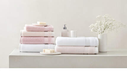 Stack of soft folded towels on marble shelf in modern bathroom, background