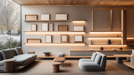 Modern minimalist living room with wooden shelves, gray sofas, and soft ambient lighting, featuring large windows with a snowy outdoor view.