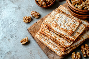Fototapeta premium Matzah, red kosher and walnut. Traditional ritual Jewish bread. Passover food. Pesach Jewish holiday
