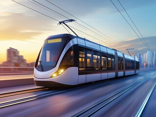 Naklejka premium A modern tram travels along tracks at sunset, showcasing sleek design and urban scenery in a vibrant city atmosphere.