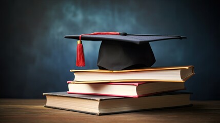 Graduation hat and stack of study books with copy space