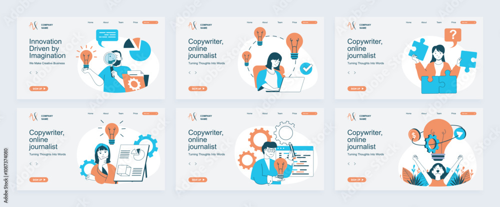 Poster creative business concept of landing page with slide templates set in flat design. website headers w