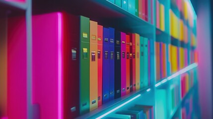 Obraz premium A vibrant shelf of organized binders in a modern workspace.