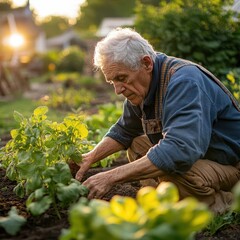 Senior man helping build a community garden, hands in soil, morning sunlight, mid-distance angle with lush plants around, earthy tones, collaborative feel