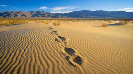 A path of footprints winds across rippled sand dunes, toward a distant mountain range under a clear sky