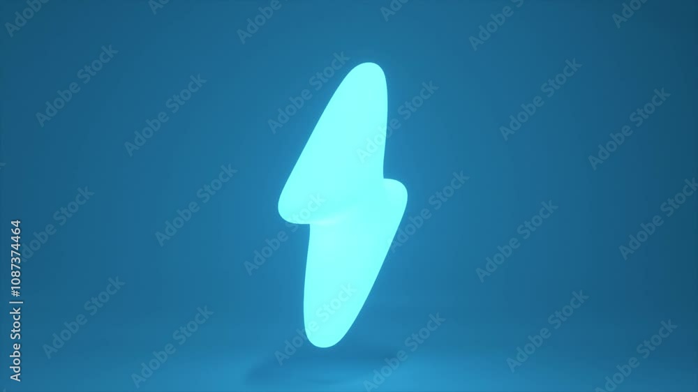 Poster neon sign shaped like a lightning bolt blinks and changes color while rotating on a flat surface, cr