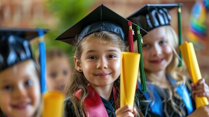 Young children in graduation caps and gowns, proudly holding their certificates at kindergarten...