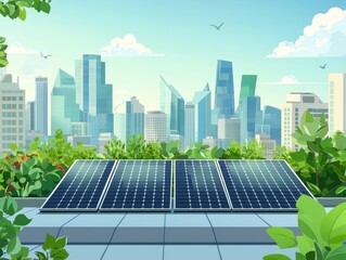 Fototapeta premium A vibrant city skyline featuring solar panels on a rooftop, surrounded by lush greenery, symbolizing sustainable energy and urban development.