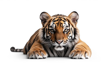 Obraz premium Majestic Tiger Resting on White Background