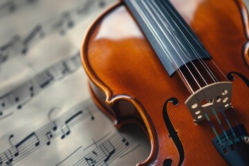 Fototapeta premium Polished Violin Rests on Sheet Music