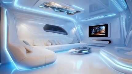 Futuristic Living Room Interior Design With White Furniture