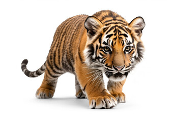 Obraz premium Tiger Cub Walking Forward on White Background
