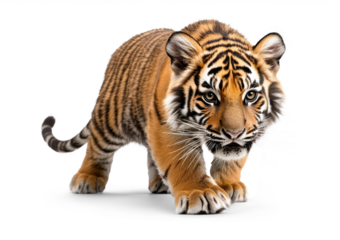 Tiger Cub Walking Forward on White Background