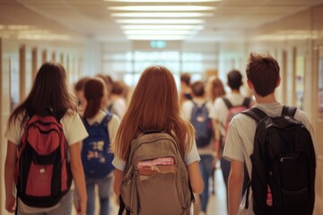 Students Walk Down School Hallway Carrying Backpacks