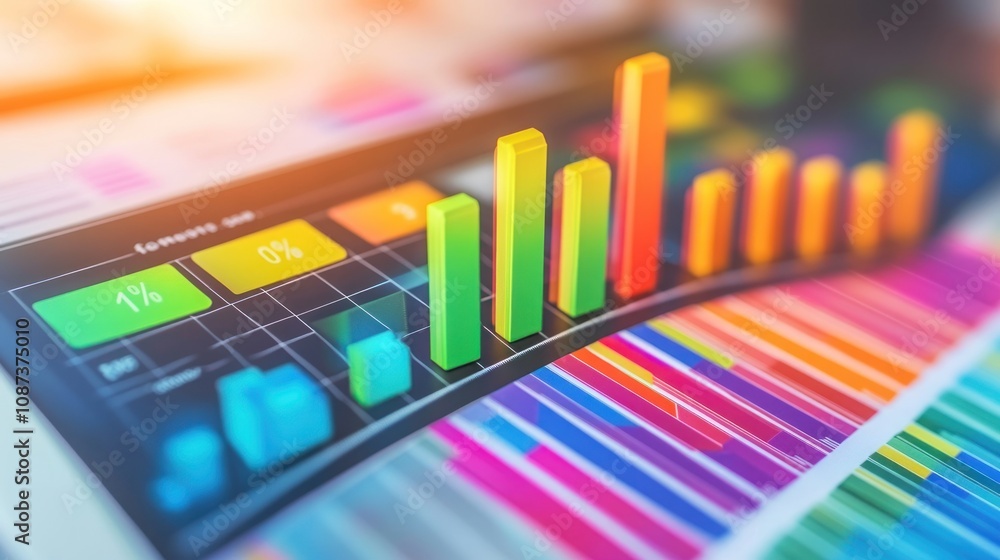 Poster colorful bar and line graphs illustrating data trends and analysis.