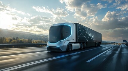 Obraz premium A futuristic electric truck driving on a highway under a dramatic sky, showcasing advanced design and technology in transportation.