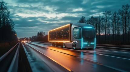 A futuristic truck with glowing accents travels on a wet road during twilight, surrounded by trees and a cloudy sky.