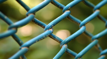 Fototapeta premium Close-up of a blue chain-link fence with a blurred background.
