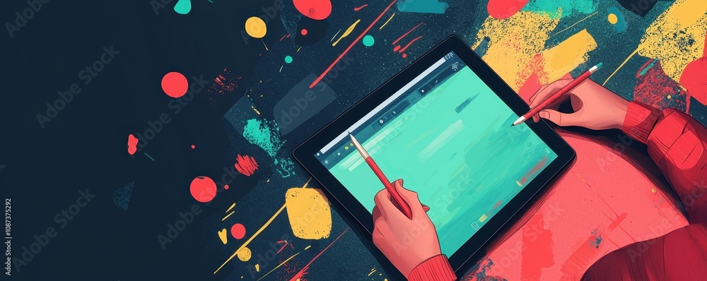 Poster a vibrant workspace featuring a person using a tablet, surrounded by colorful splashes and artistic 
