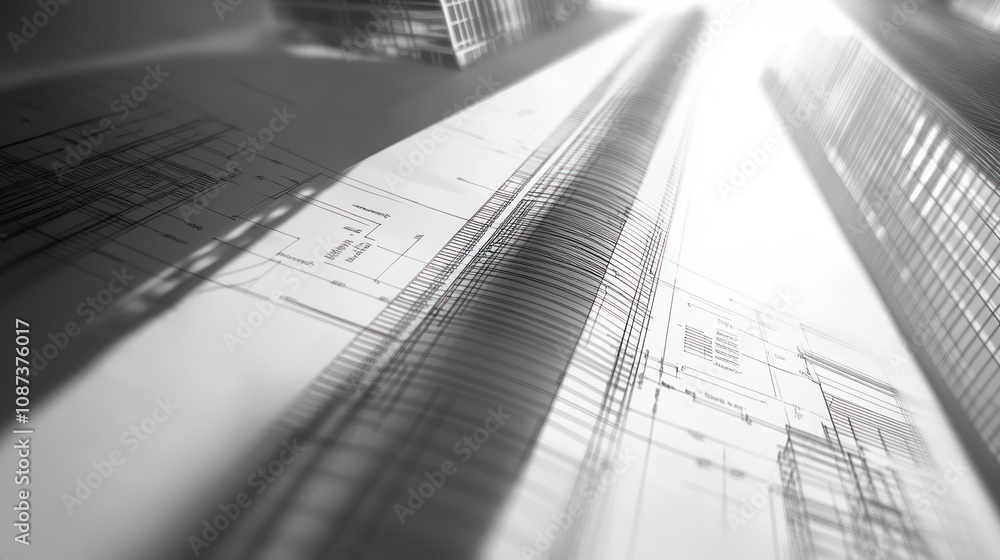 Poster a detailed architectural blueprint with towering structures in a monochromatic style.