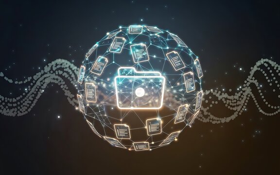 Global Data Network: Abstract digital sphere representing interconnected data files and folders, symbolizing global data storage and network connectivity.