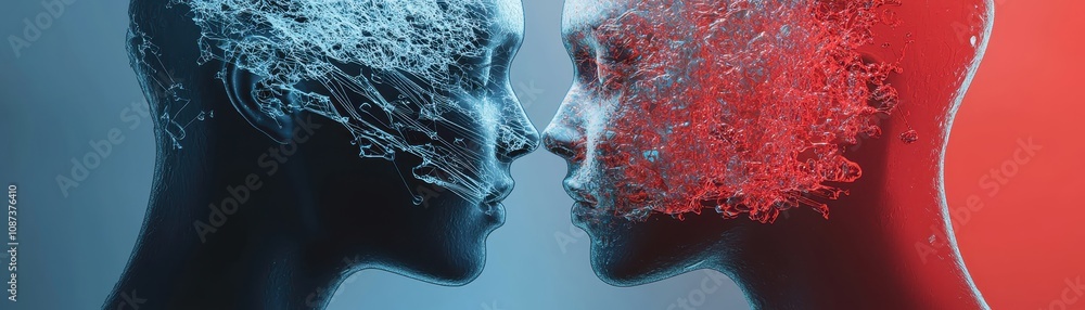 Poster two abstract figures face each other, their faces composed of fragmented elements, illuminated in co