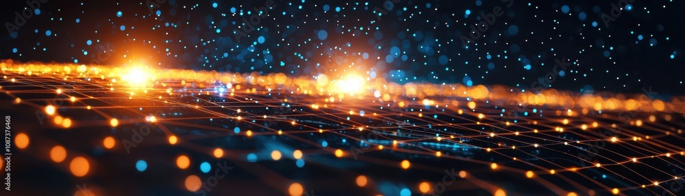 Poster a vibrant, abstract representation of digital connections, featuring glowing orbs and a grid-like st