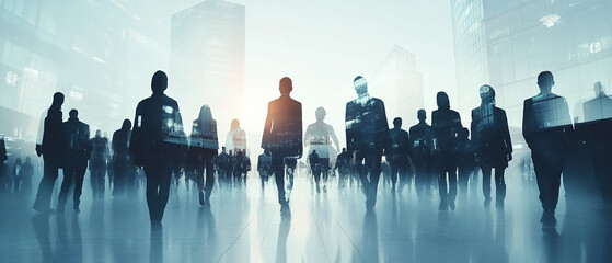 Double exposure image of many business people teamg group silhouette office background.