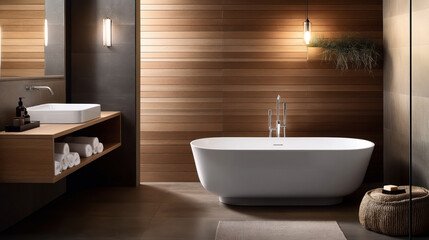 Modern bathroom interior with freestanding bathtub, wooden wall panels, sink with countertop, rolled towels, and hanging light fixtures.