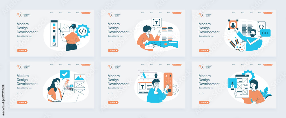 Poster Design development concept of landing page with slide templates set in flat design. Website headers with people create interface layout, select colors and fonts for homepage. Vector illustrations.