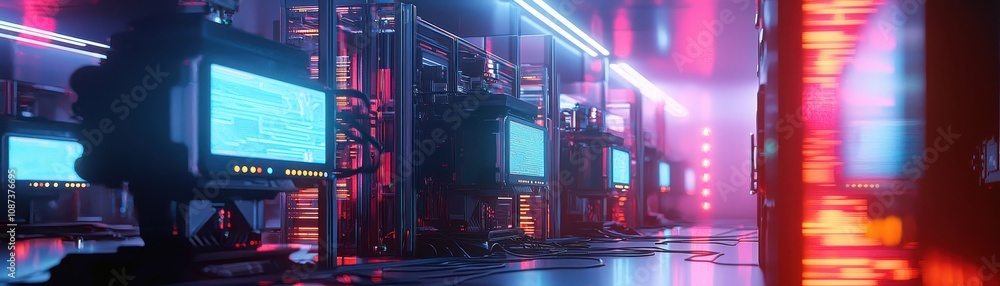 Poster a futuristic data center with glowing screens and illuminated server racks, showcasing advanced tech