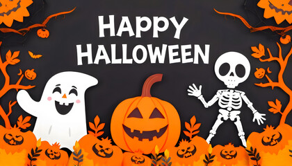 Happy Halloween Paper Craft Scene with Ghost, Skeleton, and Pumpkins