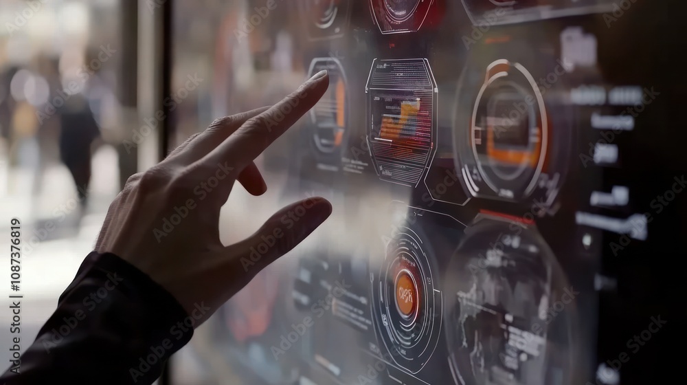 Poster a hand interacting with a digital display featuring data visualizations and graphs.
