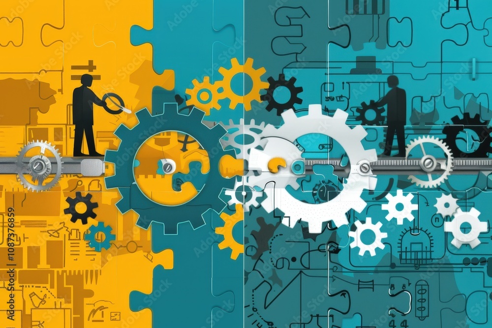 Poster a vibrant illustration depicting gears and figures analyzing mechanical elements, symbolizing innova
