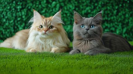 Elegant gray and white cats lying side by side on vibrant green grass with a lush hedge backdrop, gazing attentively with bright golden eyes