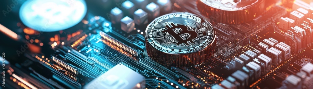 Poster a close-up view of a circuit board featuring a prominent bitcoin symbol, showcasing the intersection