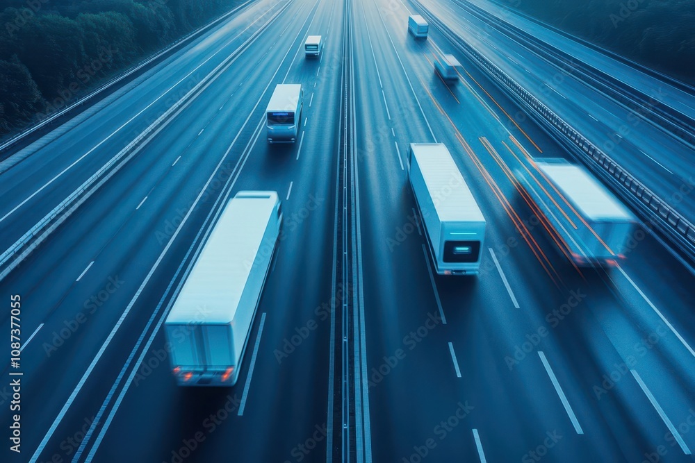 Poster futuristic highway with autonomous trucks in convoy, overhead view, illustrating advancements in tra