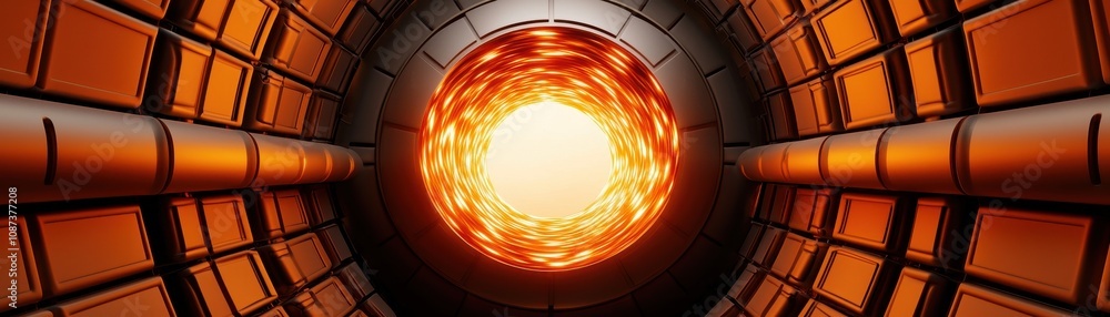 Poster a glowing circular tunnel with vibrant orange light emanating from the center, creating a sense of d
