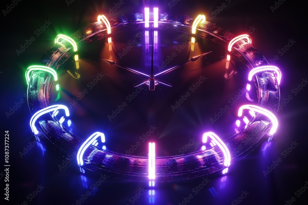 Poster a vibrant circular arrangement of glowing neon lights in various colors, creating a captivating and 